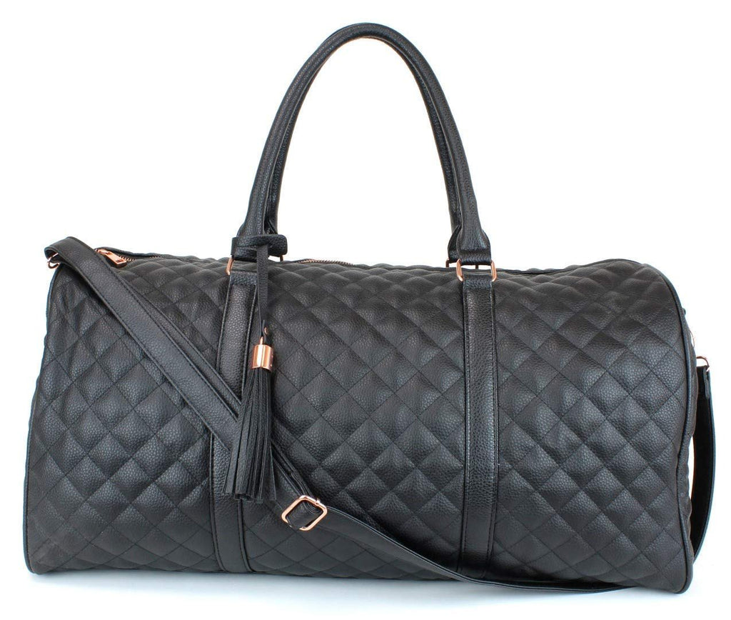 Women's Quilted Leather Weekender Travel Duffel Bag With Rose Gold Hardware - Large 22" Size - Cute Satin Inner Lining - Mauve