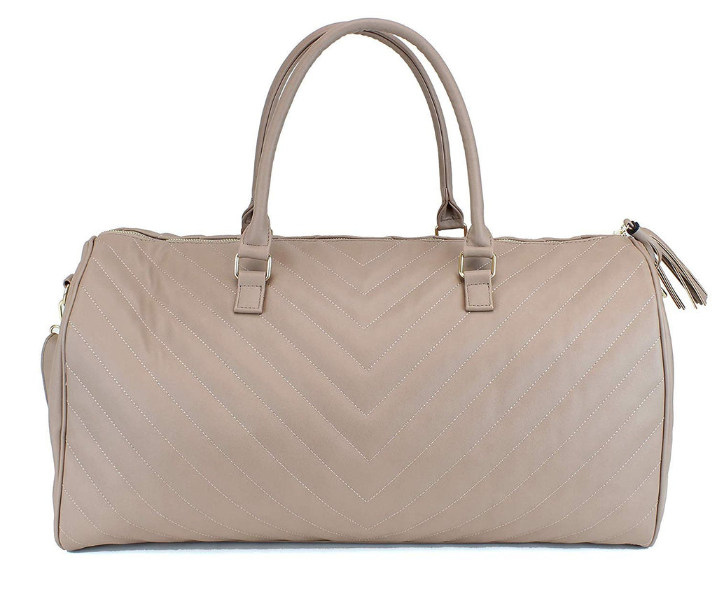 Women's Chevron Pattern Large Leather Weekender Duffel Bag with Gold Hardware and Satin Interior - Big 22" Size - Black