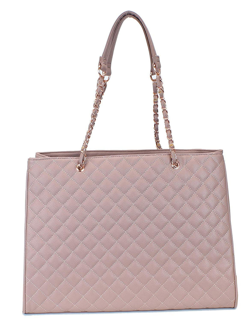 Women's Large Travel Tote Quilted Purse and Work Laptop Handbag - Rose Gold Hardware With Satin Interior - Tan