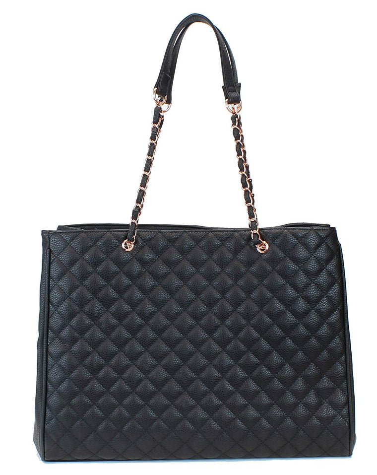 Women's Large Travel Tote Quilted Purse and Work Laptop Handbag - Rose Gold Hardware With Satin Interior - Tan