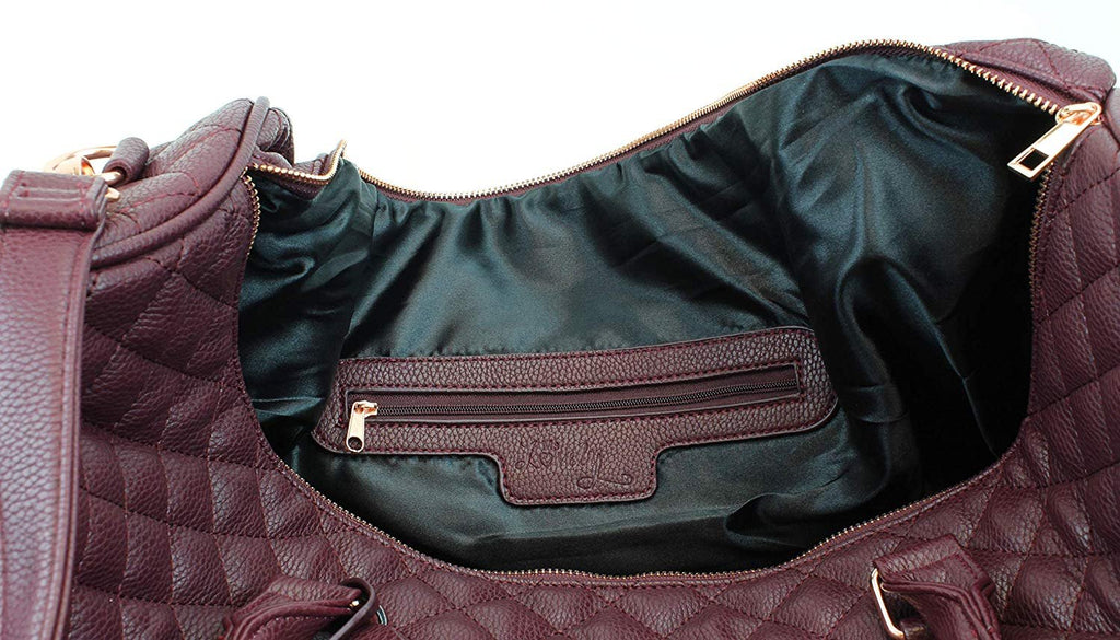 Women's Quilted Leather Weekender Travel Duffel Bag With Rose Gold Hardware - Large 22" Size - Cute Satin Inner Lining - Mauve