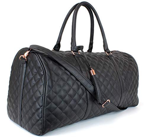 Women's Quilted Leather Weekender Travel Duffel Bag With Rose Gold Hardware - Large 22" Size - Cute Satin Inner Lining - Mauve