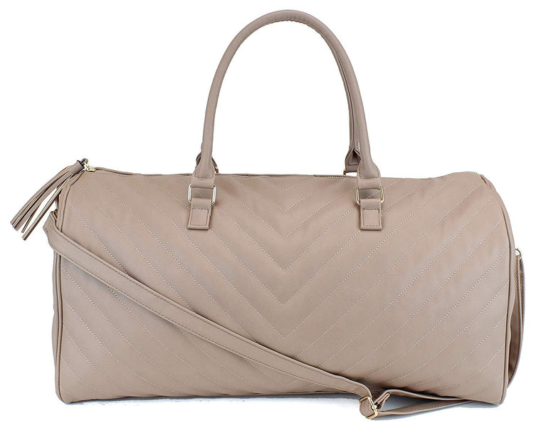 Women's Chevron Pattern Large Leather Weekender Duffel Bag with Gold Hardware and Satin Interior - Big 22" Size - Black
