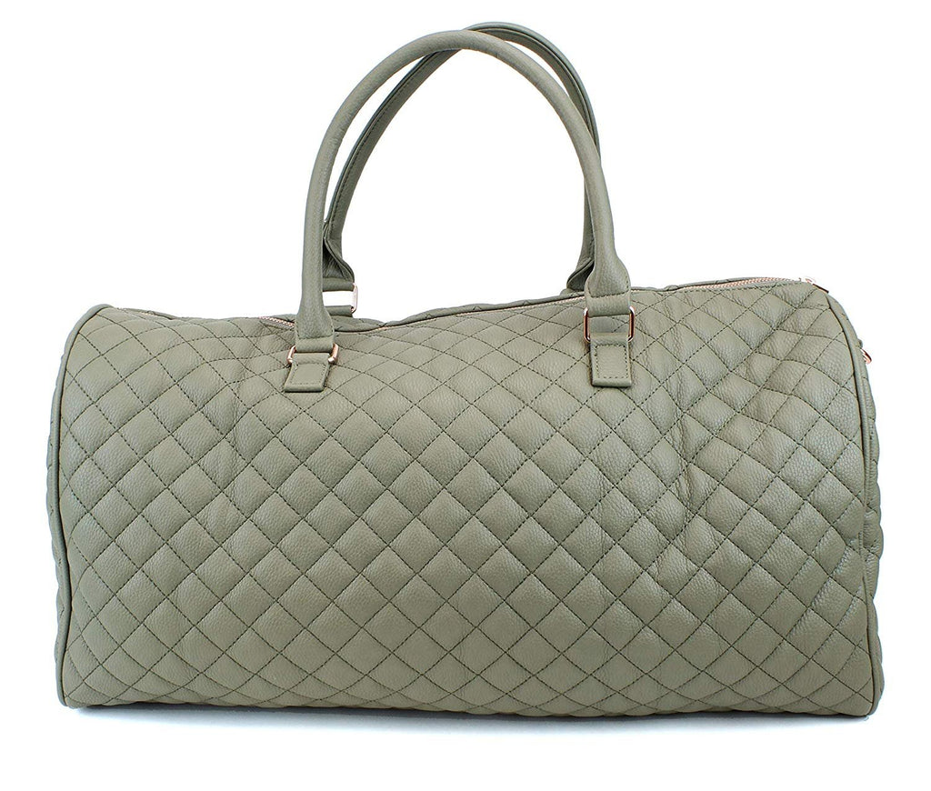 Women's Quilted Leather Weekender Travel Duffel Bag With Rose Gold Hardware - Large 22" Size - Cute Satin Inner Lining - Mauve