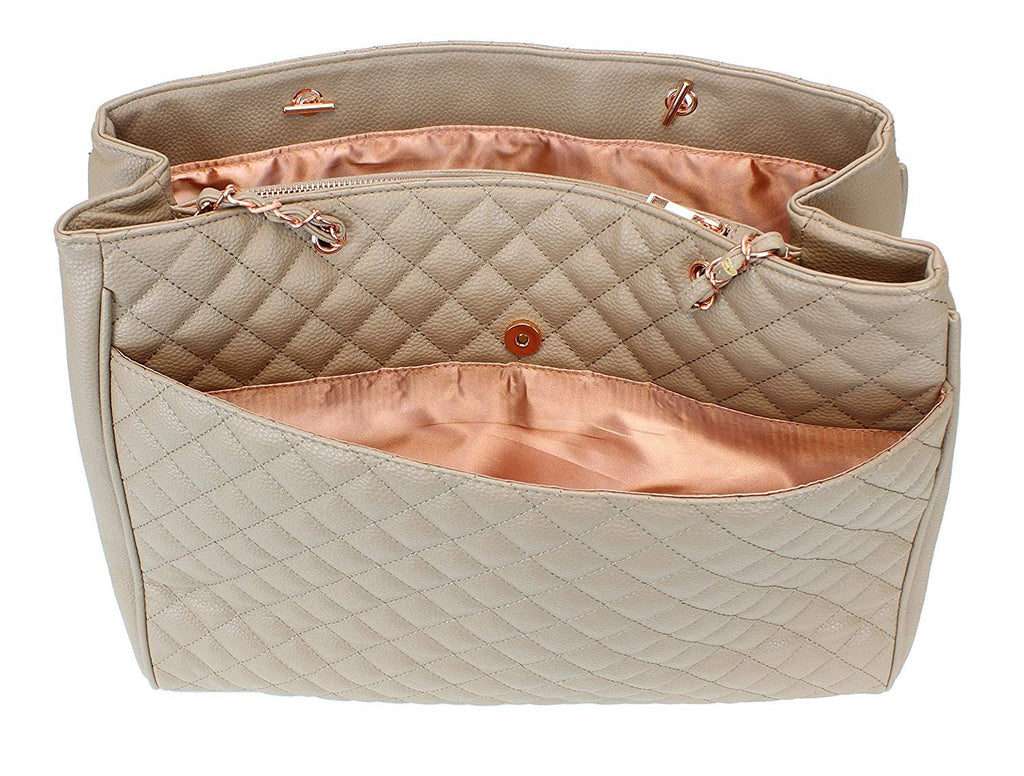 Women's Large Travel Tote Quilted Purse and Work Laptop Handbag - Rose Gold Hardware With Satin Interior - Tan
