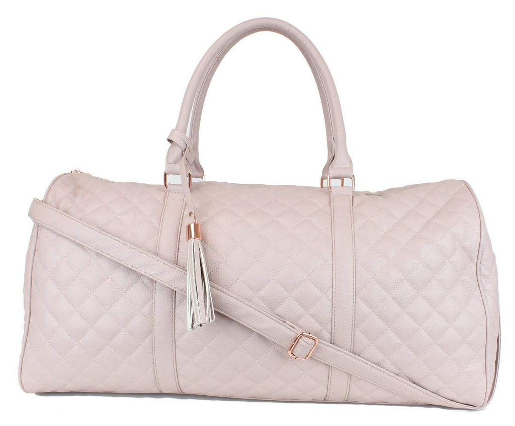 Women's Quilted Leather Weekender Travel Duffel Bag With Rose Gold Hardware - Large 22" Size - Cute Satin Inner Lining - Mauve