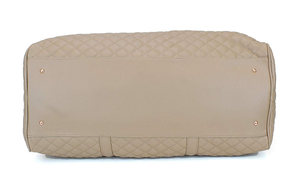 Women's Quilted Leather Weekender Travel Duffel Bag With Rose Gold Hardware - Large 22" Size - Cute Satin Inner Lining - Mauve