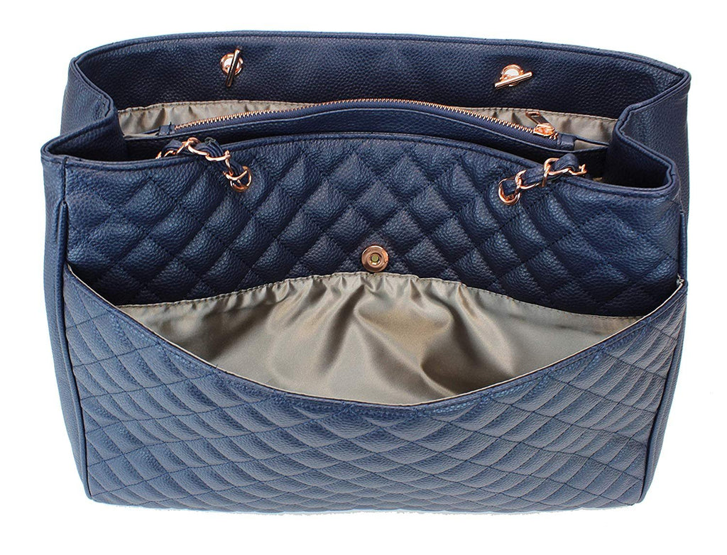 Women's Large Travel Tote Quilted Purse and Work Laptop Handbag - Rose Gold Hardware With Satin Interior - Tan