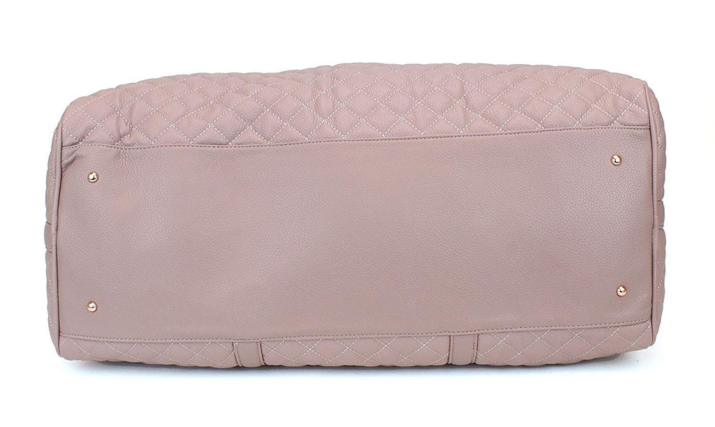 Women's Quilted Leather Weekender Travel Duffel Bag With Rose Gold Hardware - Large 22" Size - Cute Satin Inner Lining - Mauve