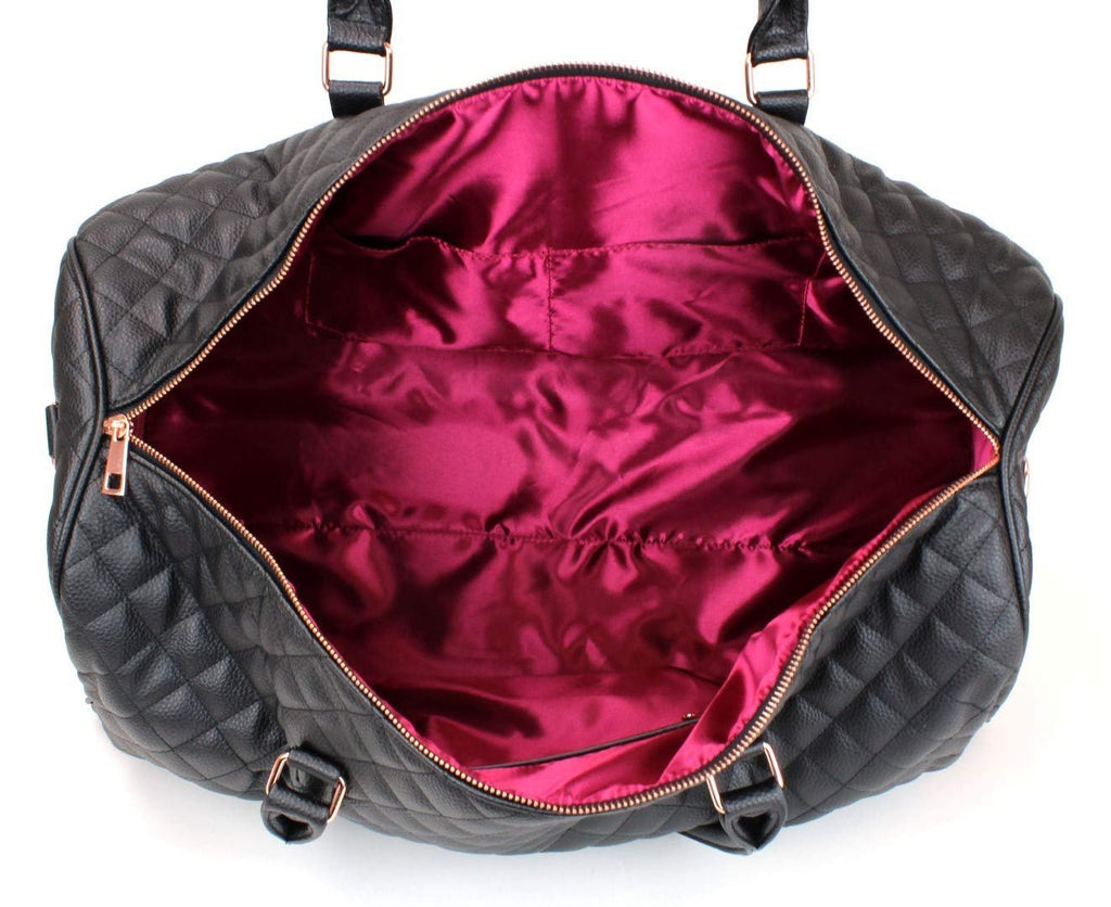 Women's Quilted Leather Weekender Travel Duffel Bag With Rose Gold Hardware - Large 22" Size - Cute Satin Inner Lining - Mauve