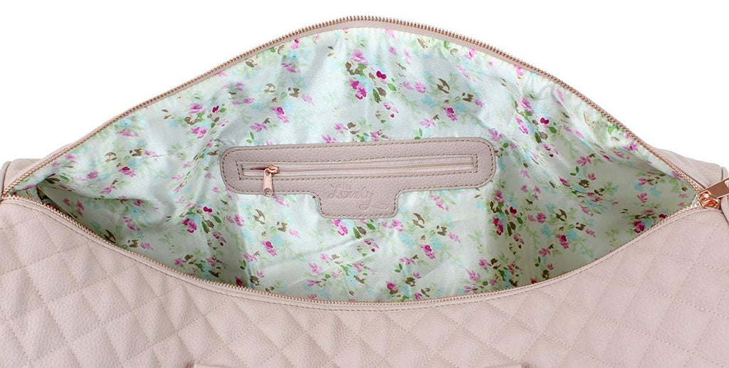 Women's Quilted Leather Weekender Travel Duffel Bag With Rose Gold Hardware - Large 22" Size - Cute Satin Inner Lining - Mauve