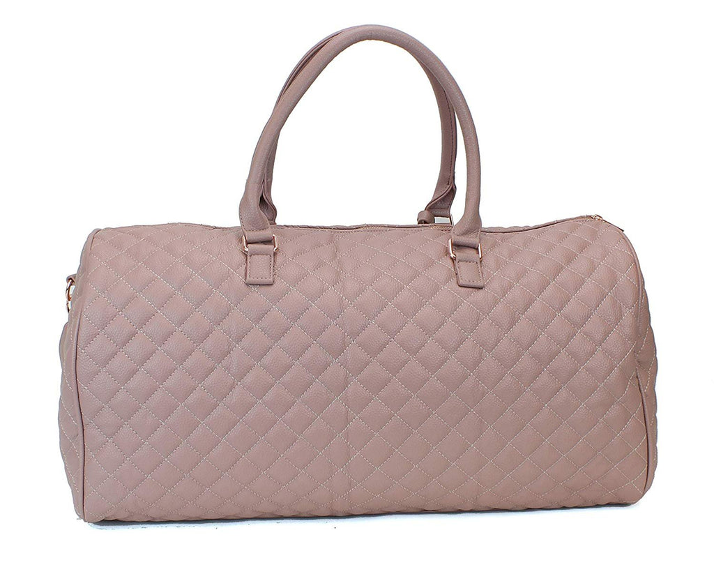 Women's Quilted Leather Weekender Travel Duffel Bag With Rose Gold Hardware - Large 22" Size - Cute Satin Inner Lining - Mauve