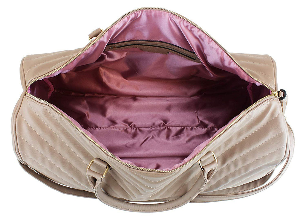 Women's Chevron Pattern Large Leather Weekender Duffel Bag with Gold Hardware and Satin Interior - Big 22" Size - Black