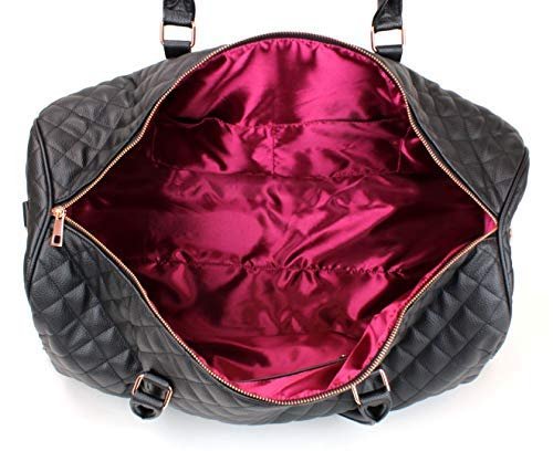 Women's Quilted Leather Weekender Travel Duffel Bag With Rose Gold Hardware - Large 22" Size - Cute Satin Inner Lining - Mauve