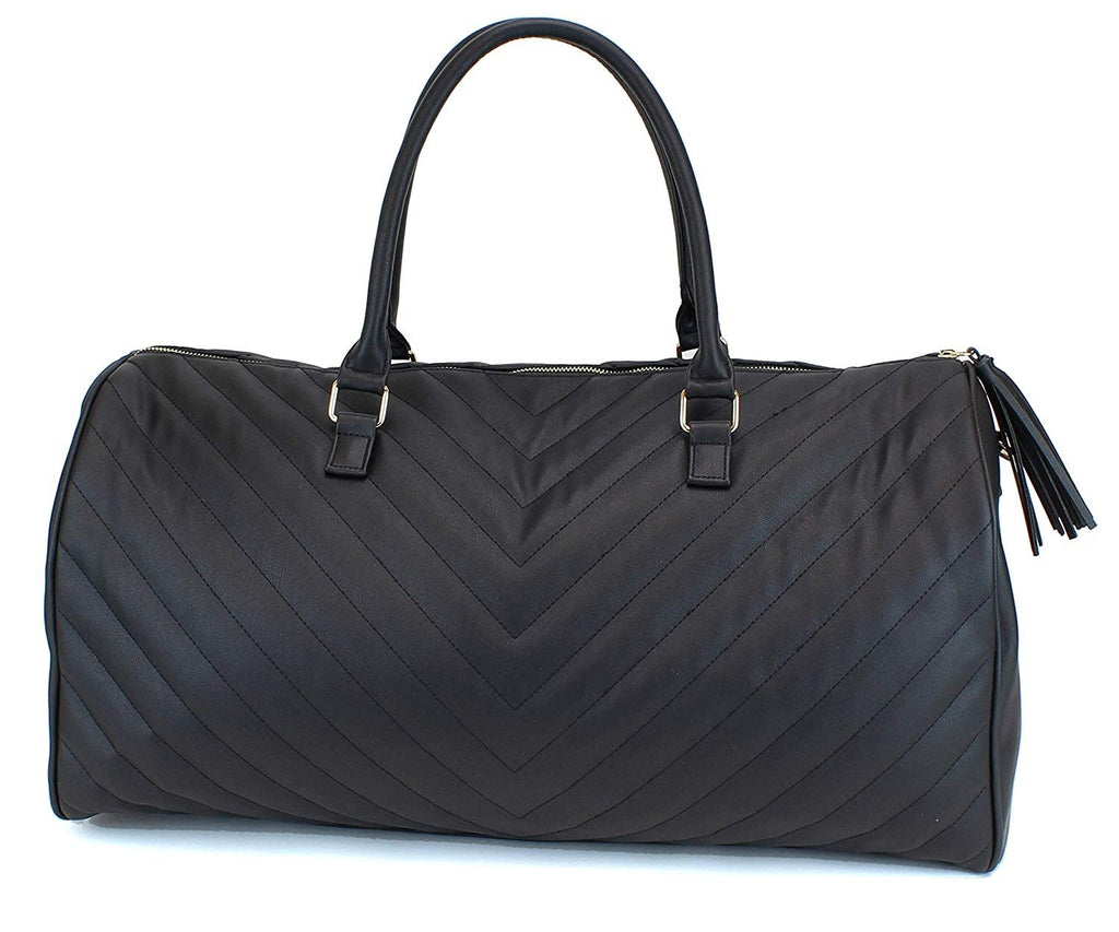 Women's Chevron Pattern Large Leather Weekender Duffel Bag with Gold Hardware and Satin Interior - Big 22" Size - Black