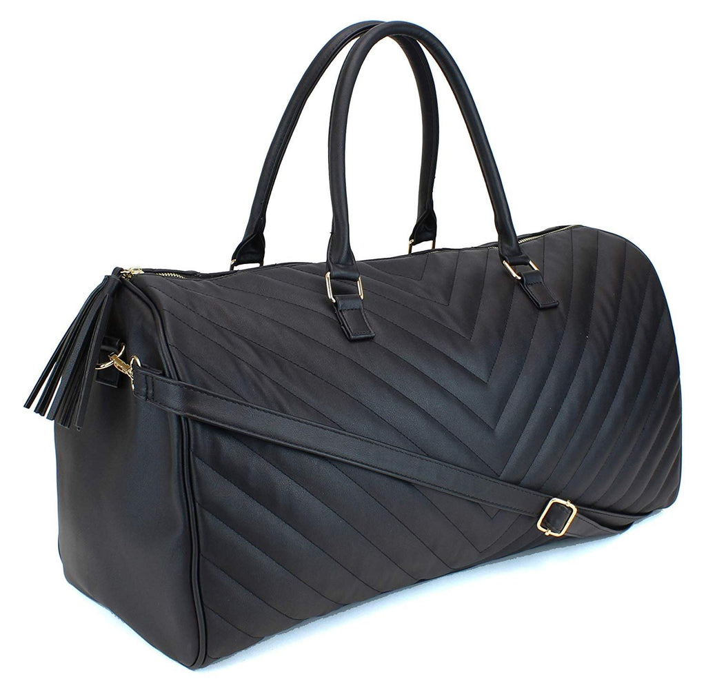 Women's Chevron Pattern Large Leather Weekender Duffel Bag with Gold Hardware and Satin Interior - Big 22" Size - Black