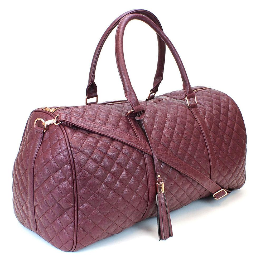 Women's Quilted Leather Weekender Travel Duffel Bag With Rose Gold Hardware - Large 22" Size - Cute Satin Inner Lining - Mauve