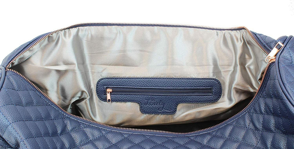 Women's Quilted Leather Weekender Travel Duffel Bag With Rose Gold Hardware - Large 22" Size - Cute Satin Inner Lining - Mauve