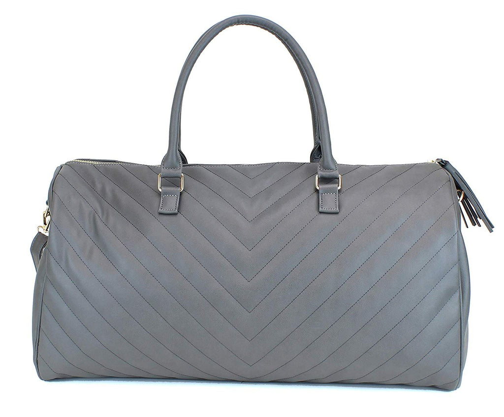 Women's Chevron Pattern Large Leather Weekender Duffel Bag with Gold Hardware and Satin Interior - Big 22" Size - Black