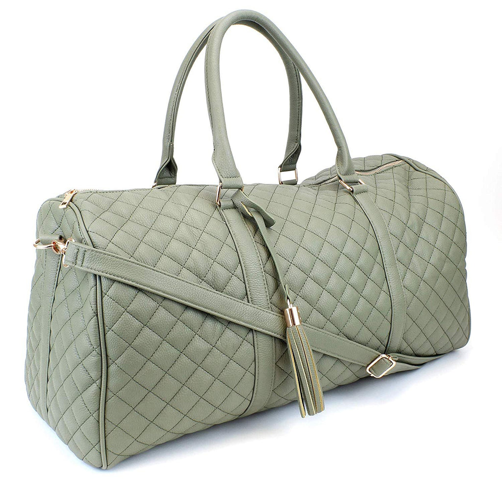 Women's Quilted Leather Weekender Travel Duffel Bag With Rose Gold Hardware - Large 22" Size - Cute Satin Inner Lining - Mauve