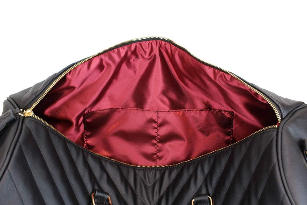 Women's Chevron Pattern Large Leather Weekender Duffel Bag with Gold Hardware and Satin Interior - Big 22" Size - Black