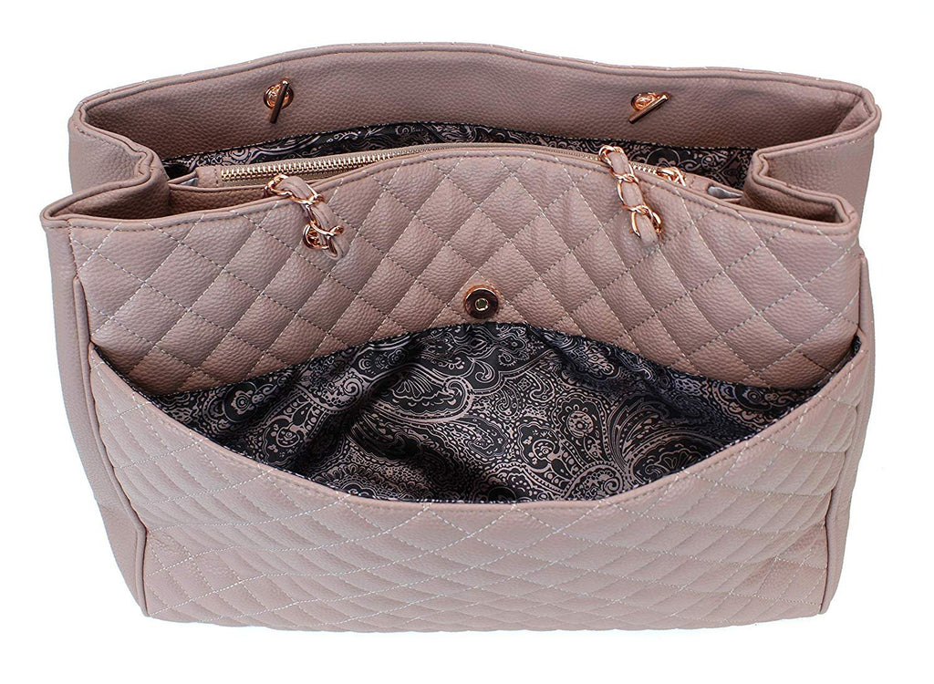 Women's Large Travel Tote Quilted Purse and Work Laptop Handbag - Rose Gold Hardware With Satin Interior - Tan