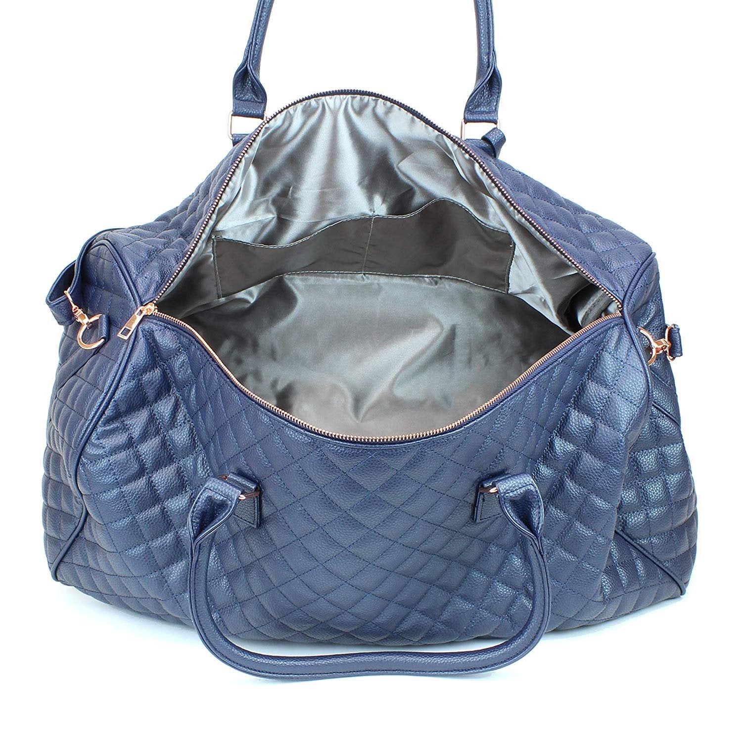 Women s Quilted Leather Weekender Travel Duffel Bag With Rose Gold