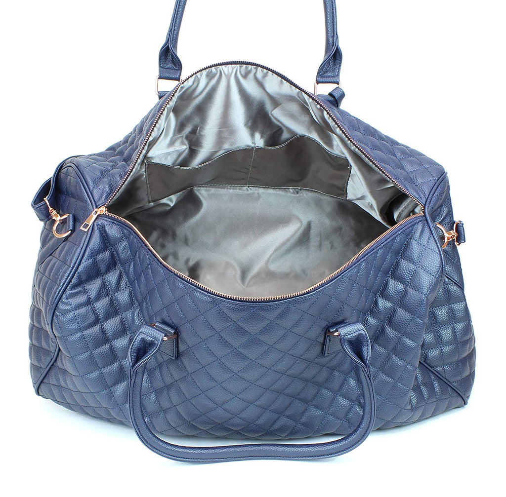 Women's Quilted Leather Weekender Travel Duffel Bag With Rose Gold Hardware - Large 22" Size - Cute Satin Inner Lining - Mauve
