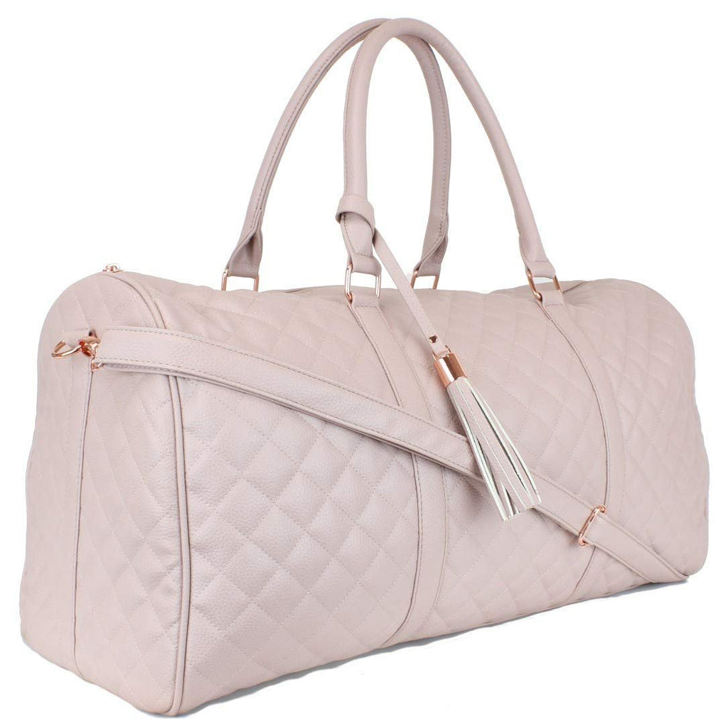 Women's Quilted Leather Weekender Travel Duffel Bag With Rose Gold Hardware - Large 22" Size - Cute Satin Inner Lining - Mauve