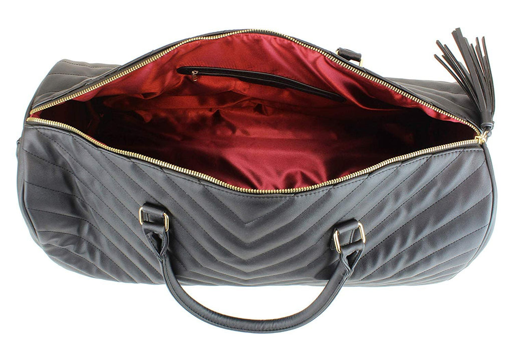 Women's Chevron Pattern Large Leather Weekender Duffel Bag with Gold Hardware and Satin Interior - Big 22" Size - Black