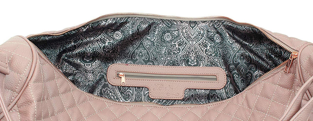 Women's Quilted Leather Weekender Travel Duffel Bag With Rose Gold Hardware - Large 22" Size - Cute Satin Inner Lining - Mauve