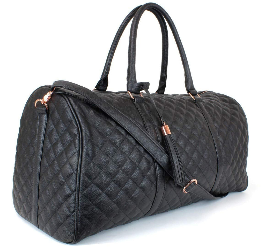 Women's Quilted Leather Weekender Travel Duffel Bag With Rose Gold Hardware - Large 22" Size - Cute Satin Inner Lining - Mauve