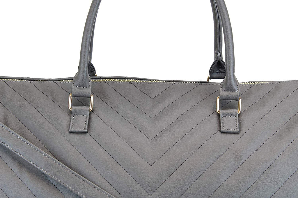 Women's Chevron Pattern Large Leather Weekender Duffel Bag with Gold Hardware and Satin Interior - Big 22" Size - Black