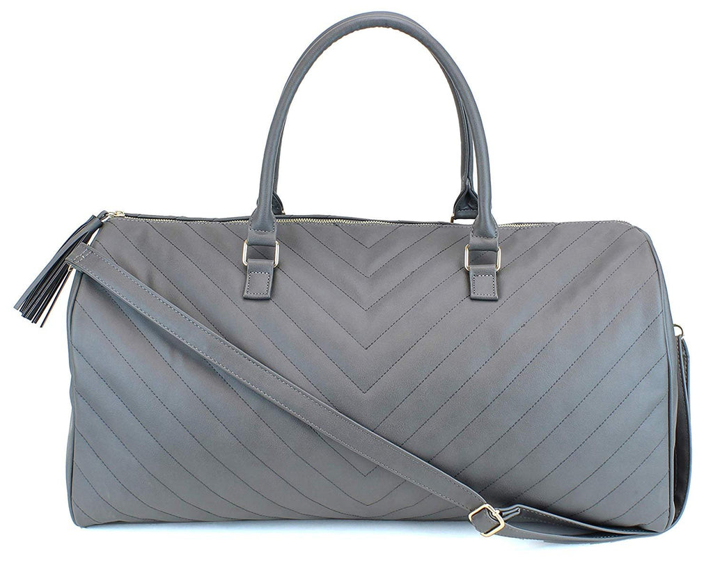 Women's Chevron Pattern Large Leather Weekender Duffel Bag with Gold Hardware and Satin Interior - Big 22" Size - Black