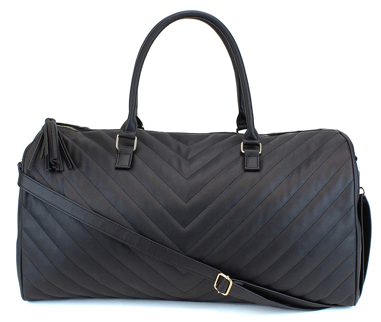 Women's Chevron Pattern Large Leather Weekender Duffel Bag with Gold  Hardware and Satin Interior - Big 22 Size - Dark Grey 