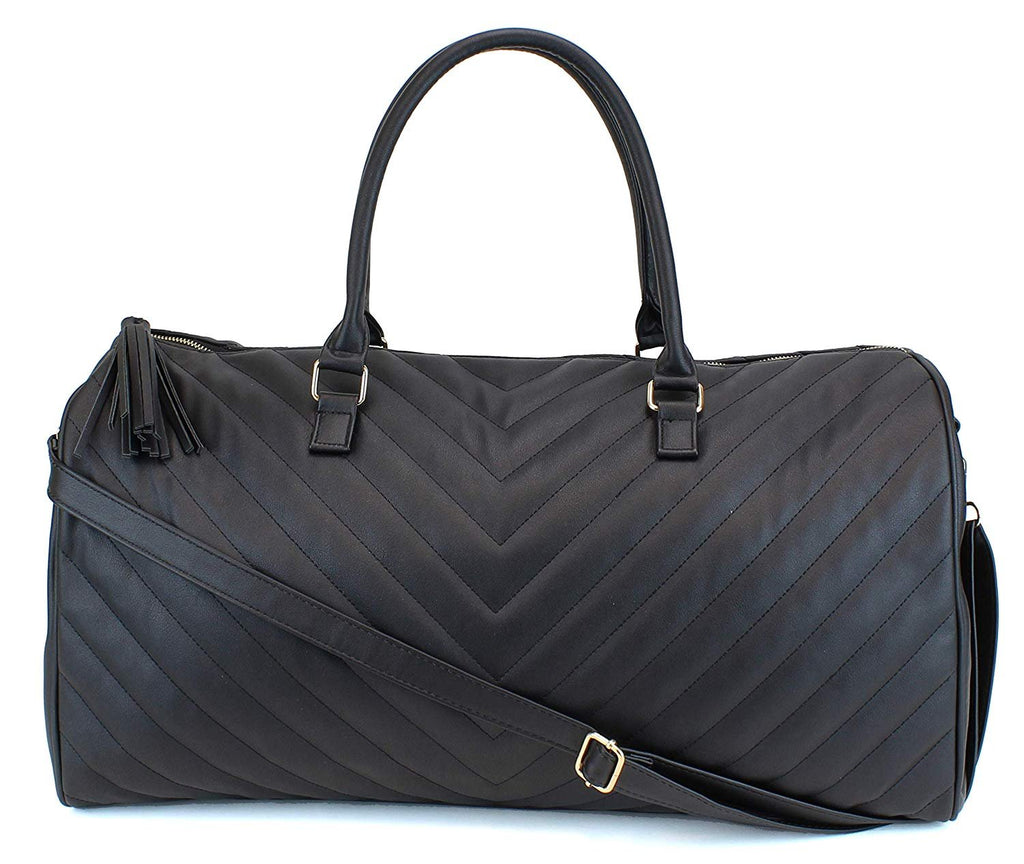 Women's Chevron Pattern Large Leather Weekender Duffel Bag with Gold Hardware and Satin Interior - Big 22" Size - Black