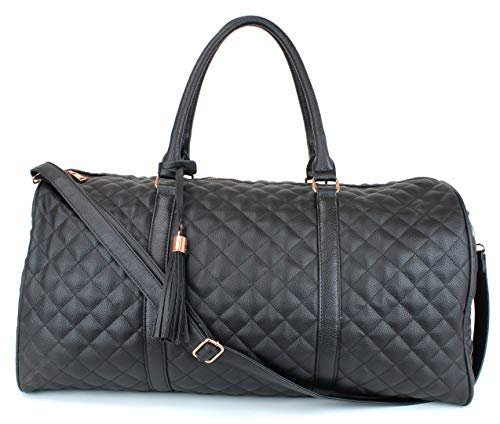 Women's Quilted Leather Weekender Travel Duffel Bag With Rose Gold