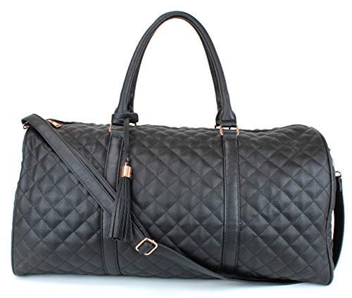 Women's Quilted Leather Weekender Travel Duffel Bag With Rose Gold Hardware - Large 22" Size - Cute Satin Inner Lining - Mauve