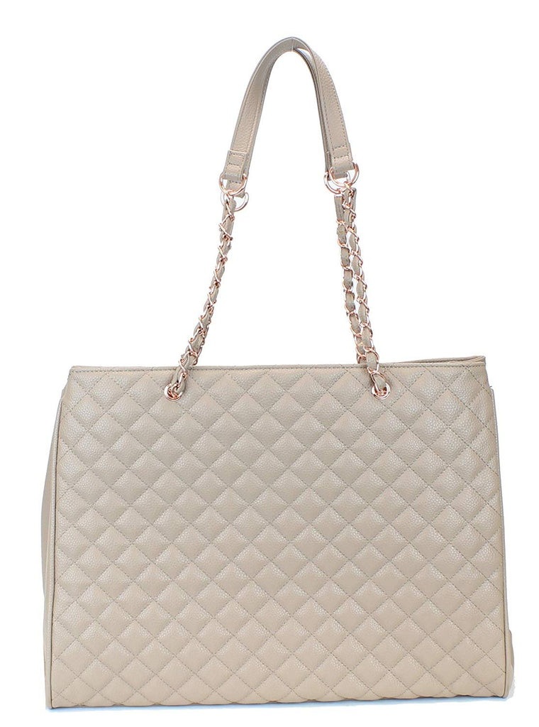 Women's Large Travel Tote Quilted Purse and Work Laptop Handbag - Rose Gold Hardware With Satin Interior - Tan