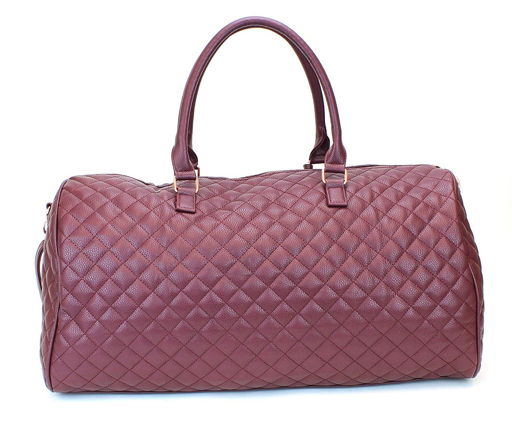 Women's Quilted Leather Weekender Travel Duffel Bag With Rose Gold Hardware - Large 22" Size - Cute Satin Inner Lining - Mauve