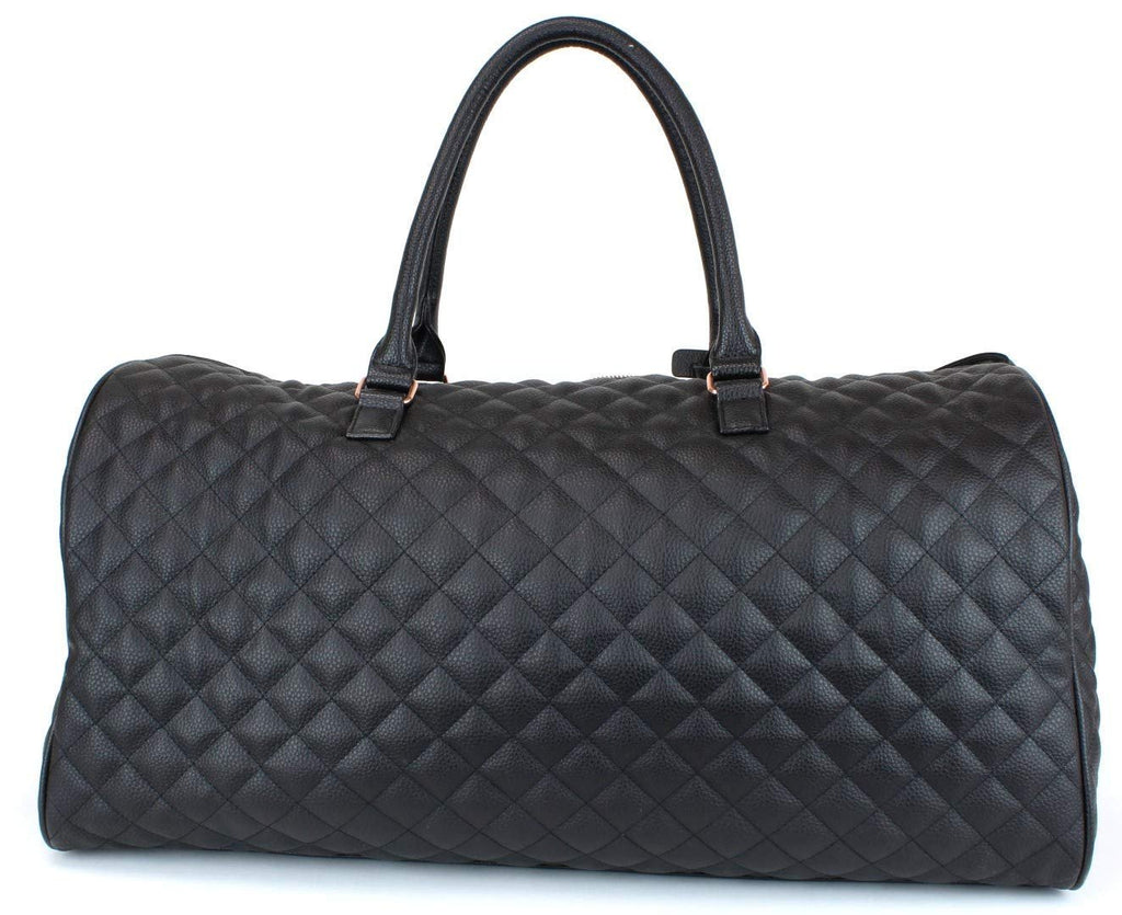 Women's Quilted Leather Weekender Travel Duffel Bag With Rose Gold Hardware - Large 22" Size - Cute Satin Inner Lining - Mauve