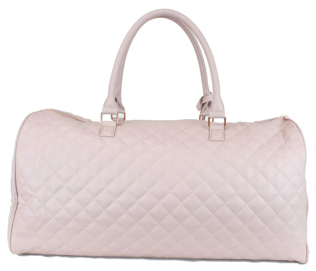 Women's Quilted Leather Weekender Travel Duffel Bag With Rose Gold Hardware - Large 22" Size - Cute Satin Inner Lining - Mauve