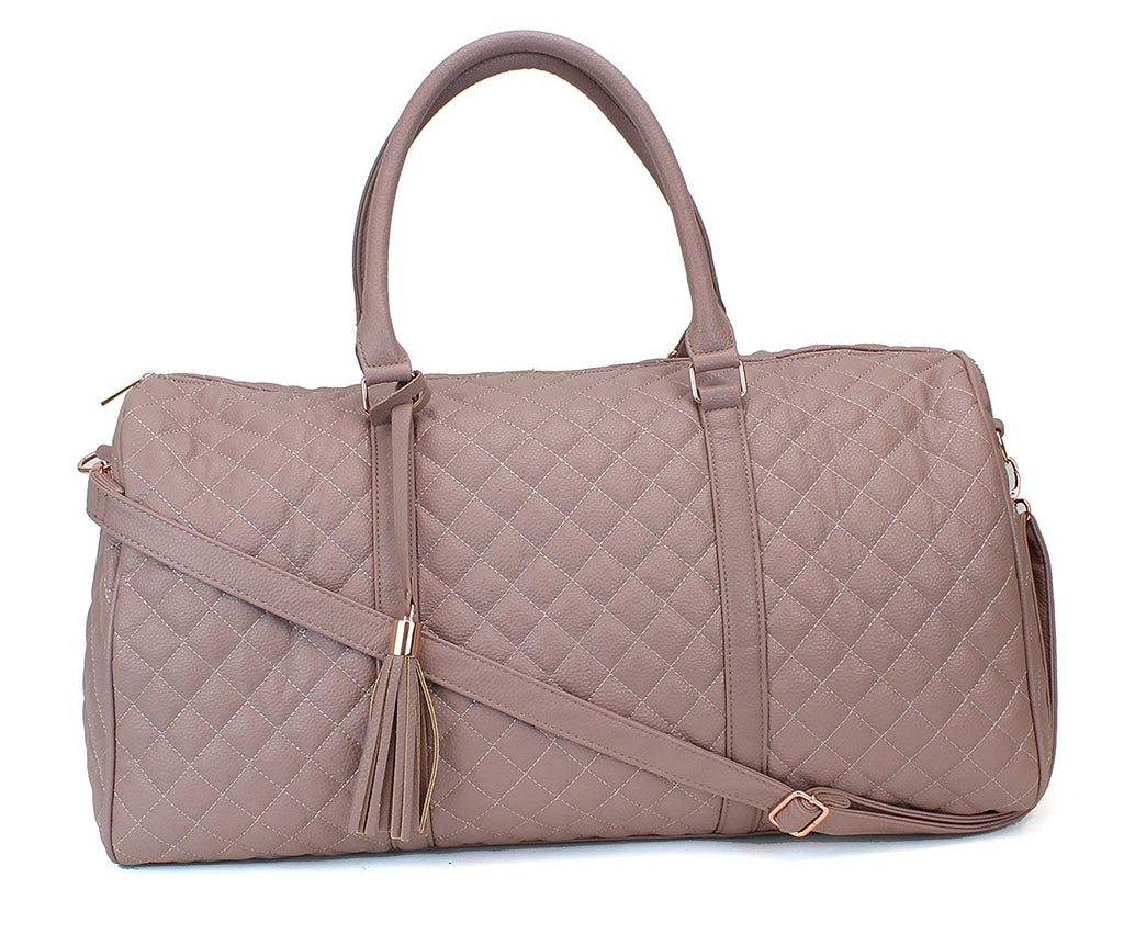 Women's Quilted Leather Weekender Travel Duffel Bag With Rose Gold Hardware - Large 22" Size - Cute Satin Inner Lining - Mauve