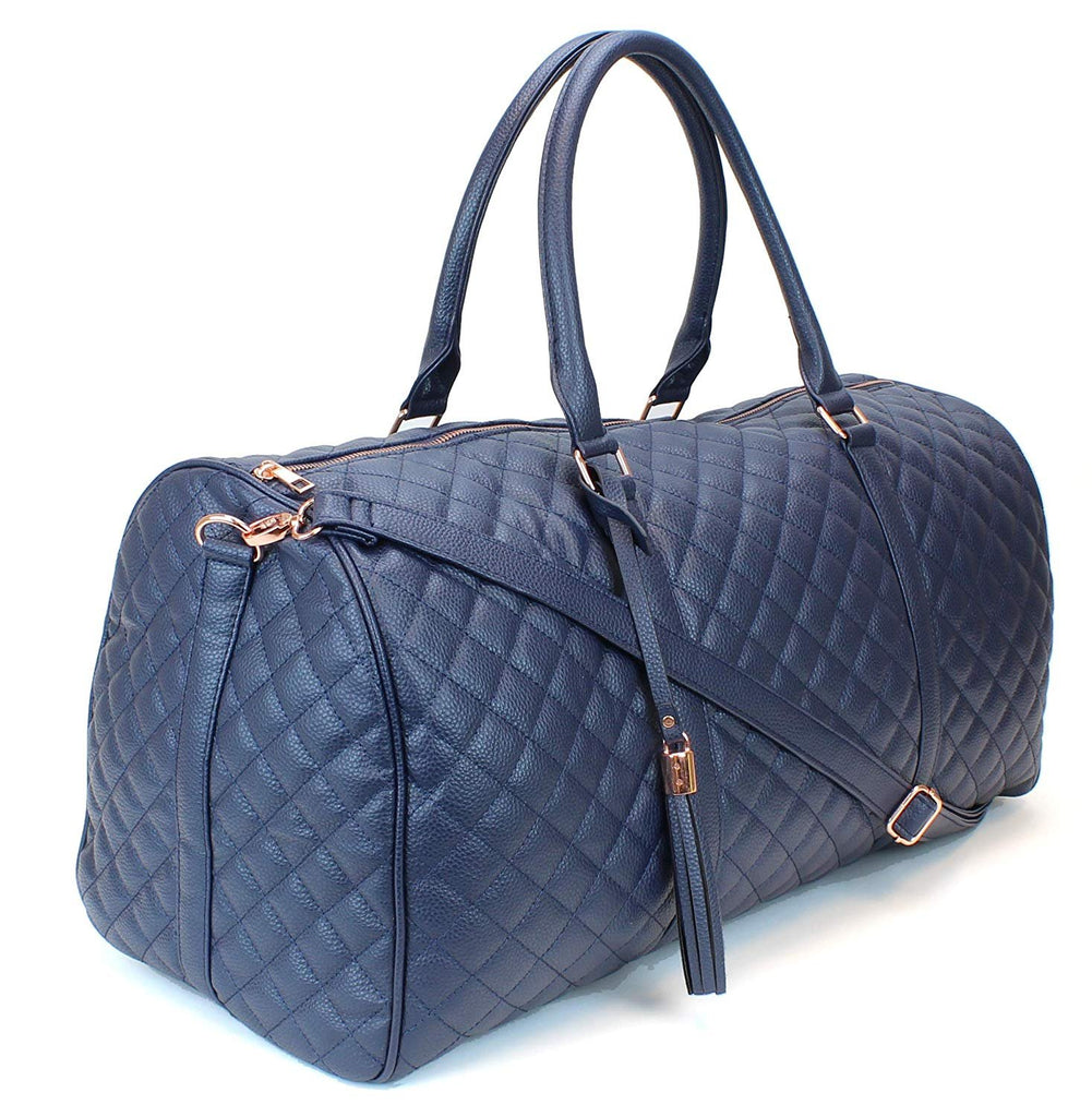Women's Quilted Leather Weekender Travel Duffel Bag With Rose Gold Hardware - Large 22" Size - Cute Satin Inner Lining - Mauve