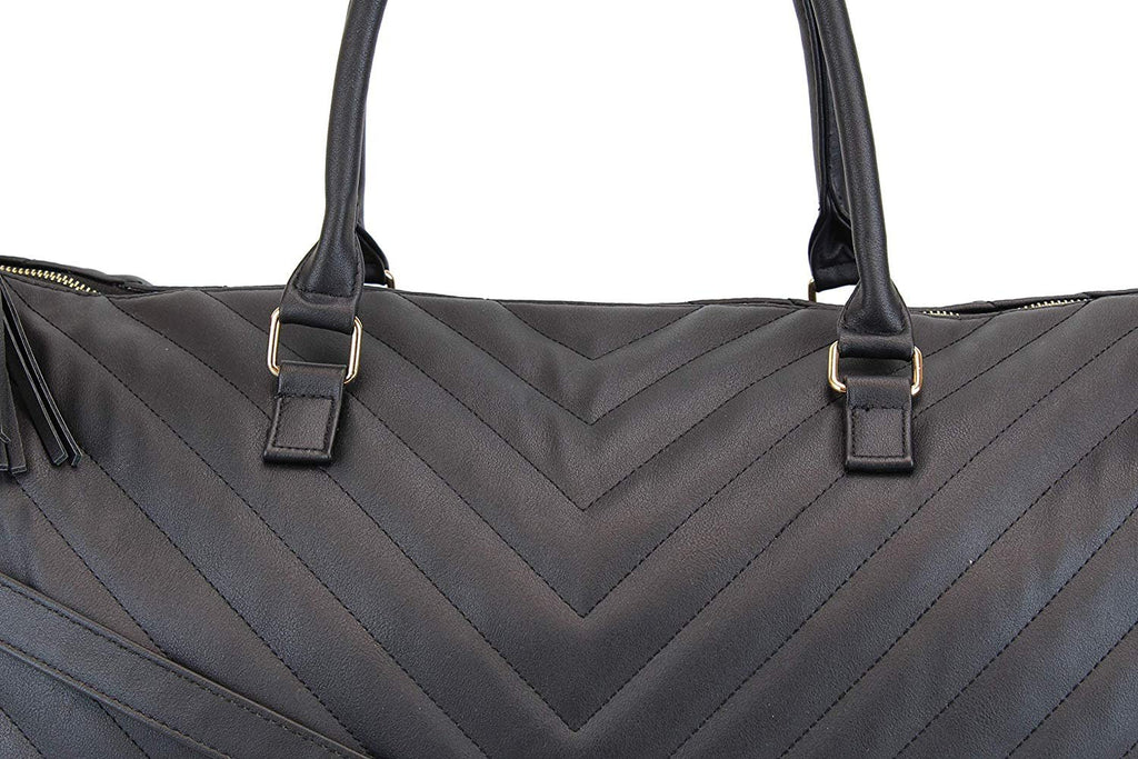 Women's Chevron Pattern Large Leather Weekender Duffel Bag with Gold Hardware and Satin Interior - Big 22" Size - Black