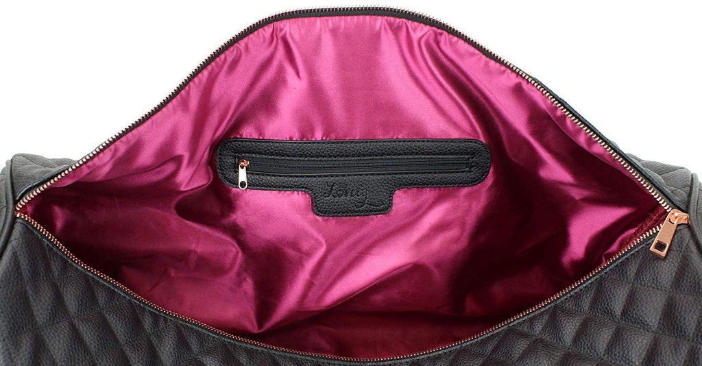 Women's Quilted Leather Weekender Travel Duffel Bag With Rose Gold Hardware - Large 22" Size - Cute Satin Inner Lining - Mauve