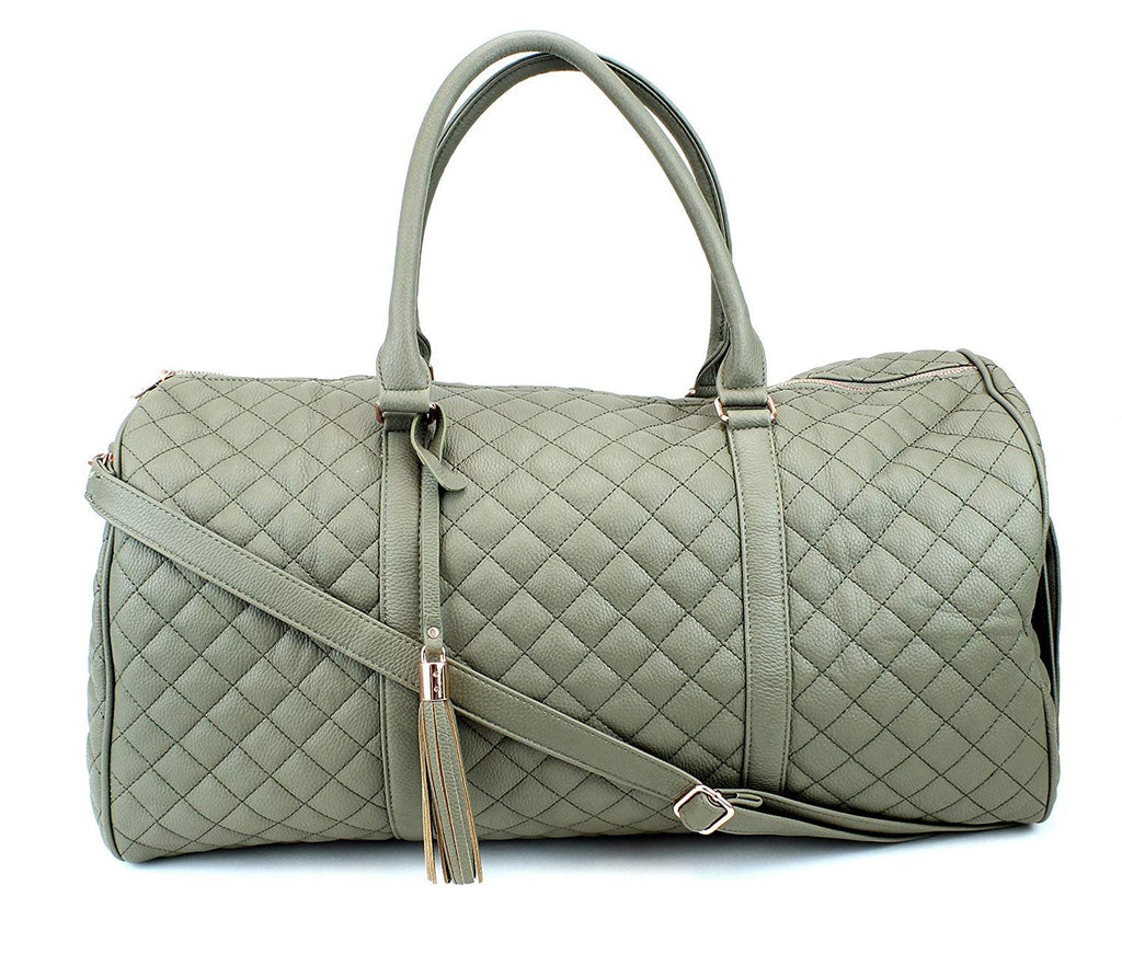 Women's Quilted Leather Weekender Travel Duffel Bag With Rose Gold Hardware - Large 22" Size - Cute Satin Inner Lining - Mauve