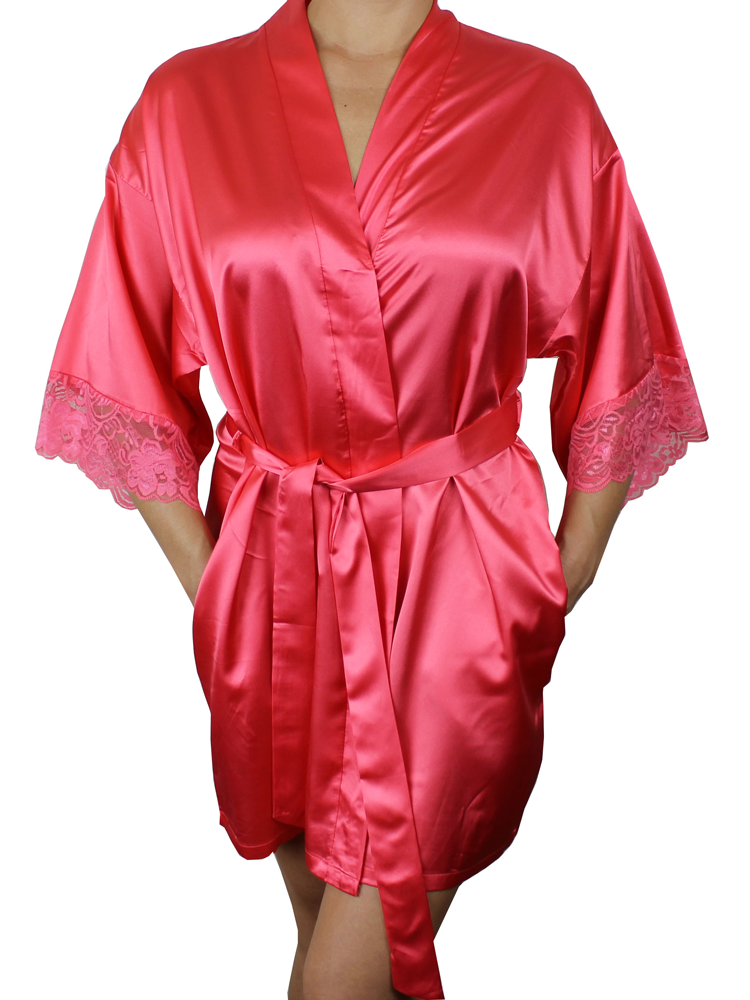 Women's Satin Kimono Short Robe with Lace Trim Sleeves