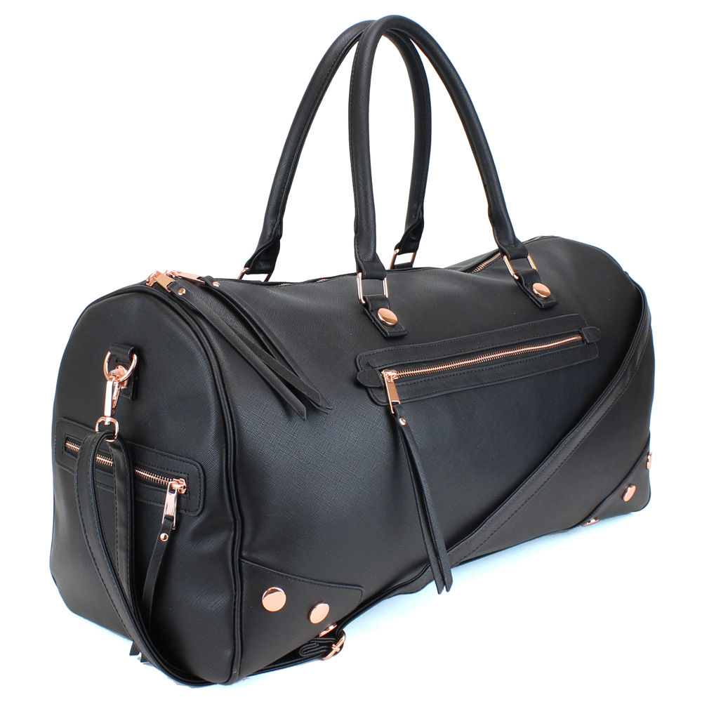Studded PU Leather Weekender Duffel Bag with Rose Gold Hardware